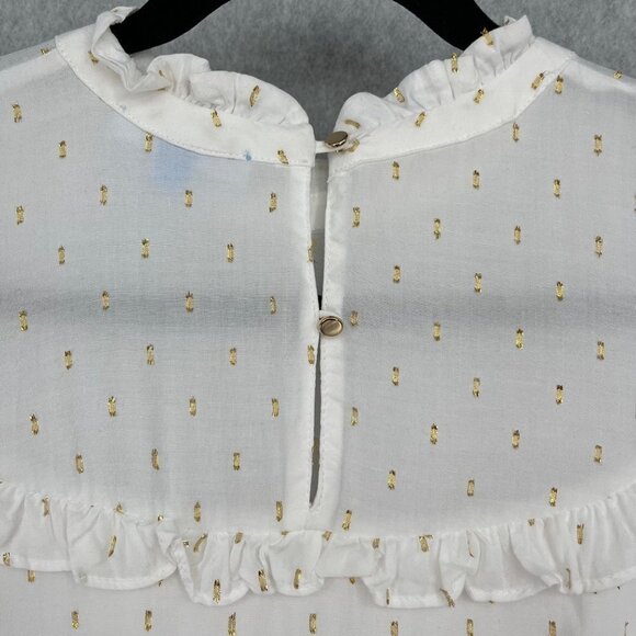 Draper James Womens Clip Dot Blouse Top Size L White Gold Metallic Ruffle Modest - Picture 4 of 14